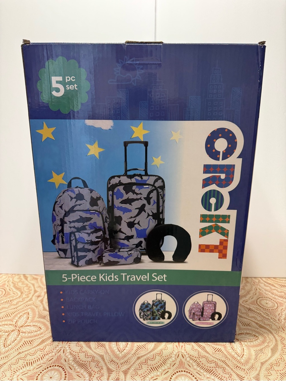 CRCKT Kids 5-Piece Travel Set - Blue Shark Themed Luggage for Boys NEW